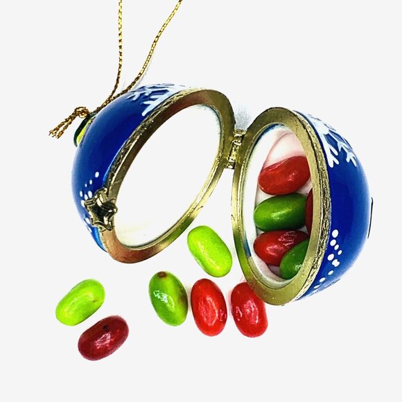 Snowflake Blue Ball Porcelain Hinged Surprise Trinket Box Christmas Ornament - Picture 4 of 5